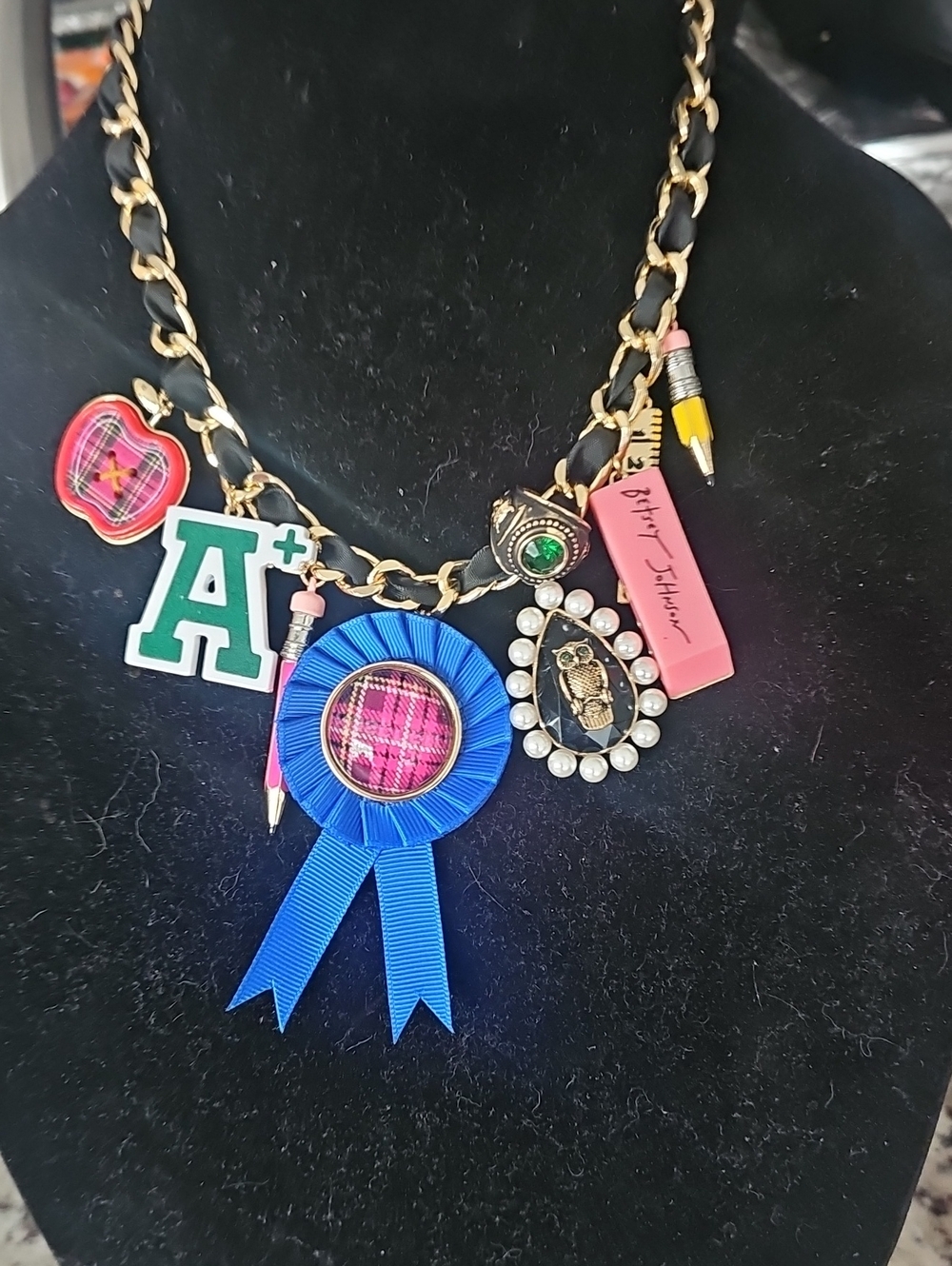 Betsey Johnson Multicolor School Trophy Ribbon Charm Necklace
